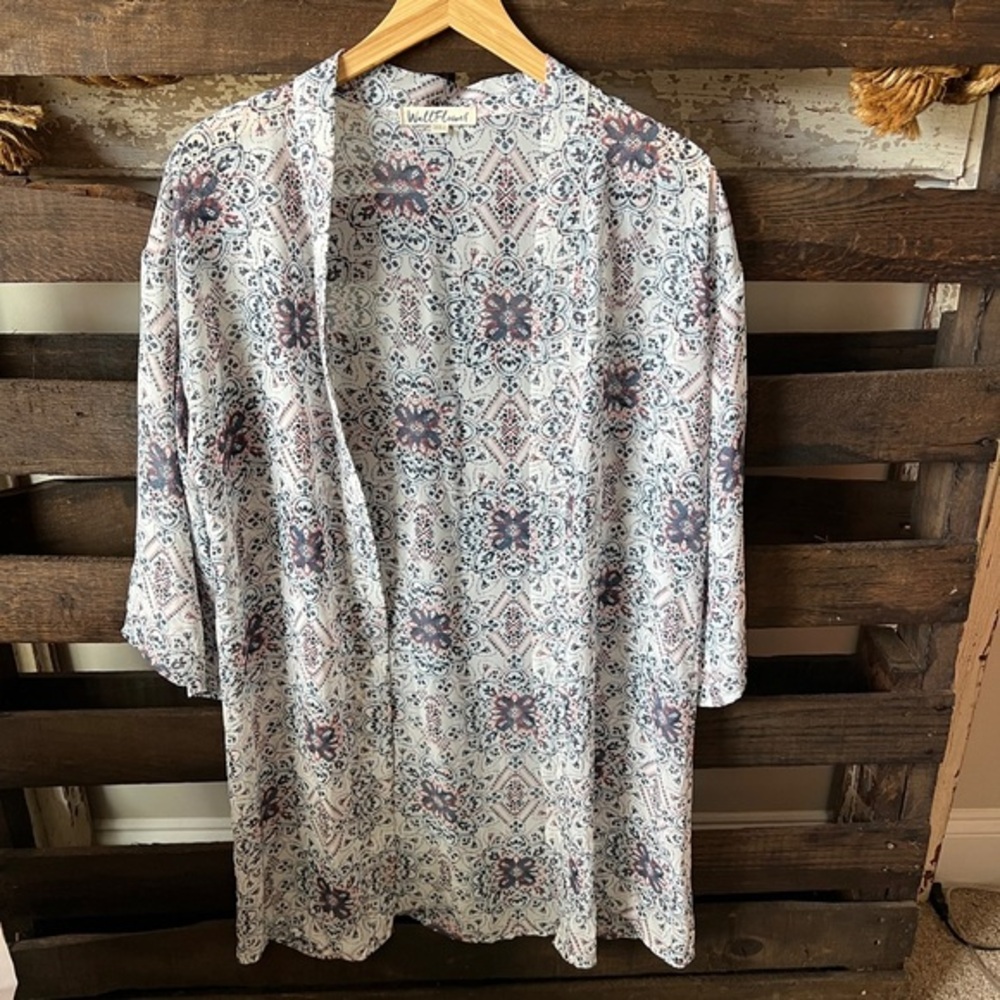 🟠WALLFLOWER Open Front Kimono in Blue Floral Print MED